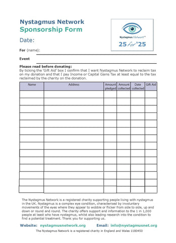 Nystagmus Network sponsorship form with logo.