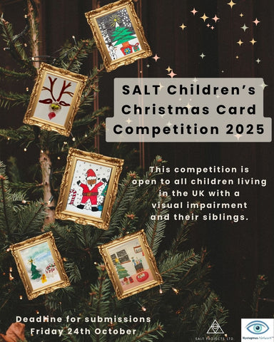 Children's Christmas card competition entry on a decorated tree with text about the competition.