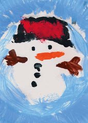 A child's  Christmas card design featuring a hand painted snow man with carrot nose.