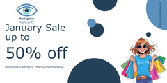 A postcard for the Nystagmus Network up to 50% off January Sale featuring the graphic of a person wearing a blue T-shirt carrying lots of brightly coloured carrier bags, wearing sunglasses.