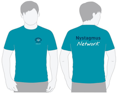 The front and back of the Nystagmus Network tropical blue T-shirt.