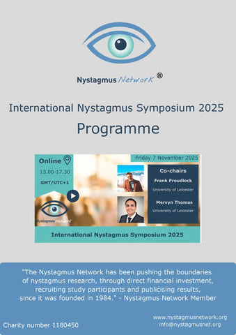 Promotional flyer for the International Nystagmus Symposium 2025 with event details and Nystagmus Network logo.