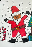 A child's drawing of Father Christmas with a candy cane and tree in falling snow.