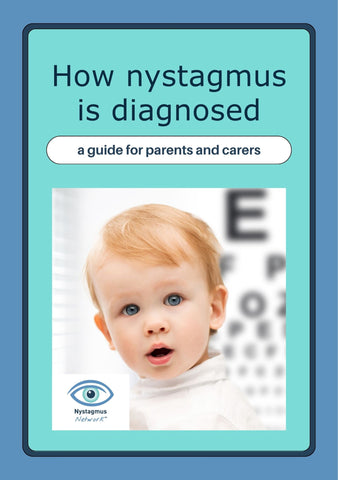 Book cover titled 'How nystagmus is diagnosed' for parents and carers with a child and eye chart on a blue background.