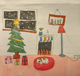 A child's drawing of a room ready for Christmas, with a tree and presents, stockings by the fire and a sleeping dog.