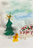 A child's drawing of a Christmas tree, gingerbread man and decorated house.