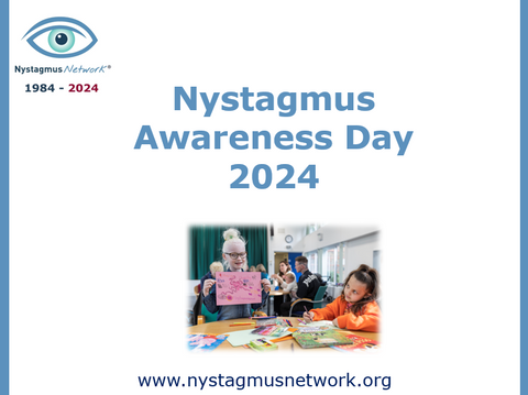 The opening slide of the Nystagmus Network Nystagmus Awareness Day schools presentation featuring an image of children working at a craft table.