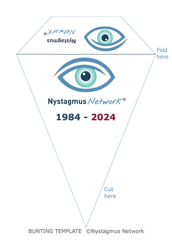 A bunting template featuring the logos of the Nystagmus Network and instructions on where to cut and fold.