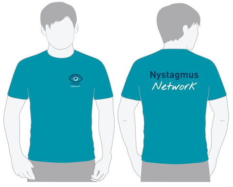 Back and front images of the Nystagmus Network tropical blue T-shirt.