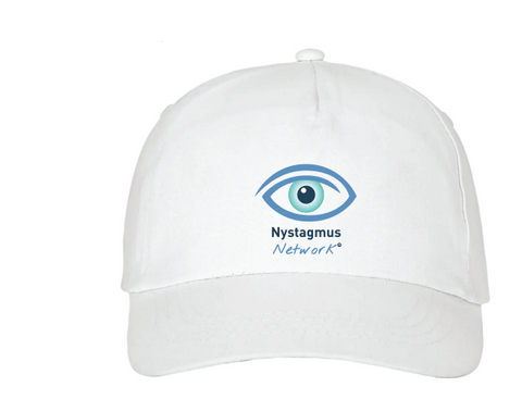 A white peaked cap with the Nystagmus Network logo of the front.