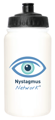 A white water bottle with a black top and the Nystagmus Network logo on the front.